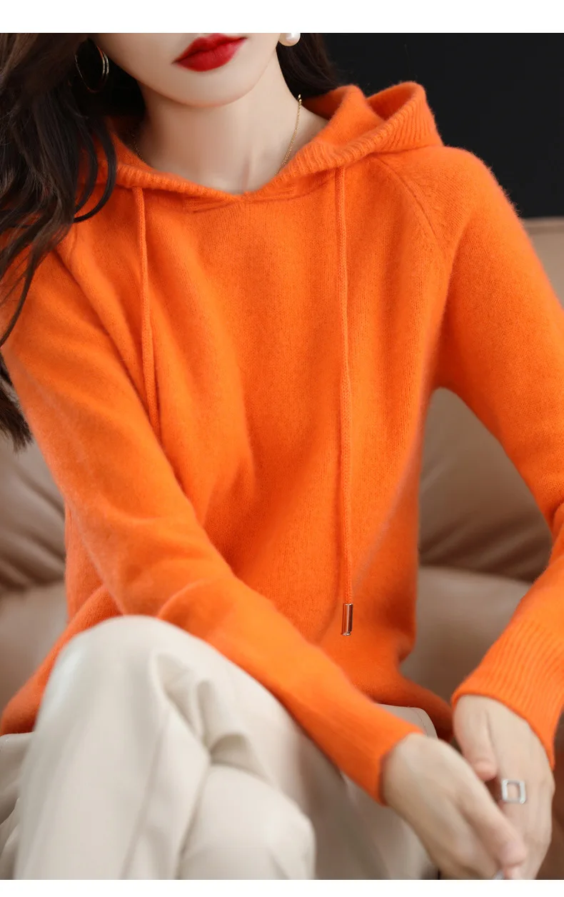 Mit kapuze Pullover Mode Frauen Herbst Winter Lange Ärmel Einfarbig Gestrickte Hoodies Dame Lose Kordelzug Casual Pullover Hoodie – Detail 11