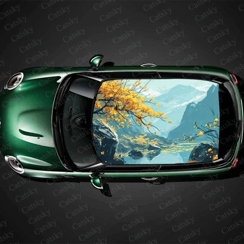 

Flowers on Mountain Painting Car Roof Sticker Wrap Racing SUV Accessories Packaging Painted PVC Custom Car Graphic Decal