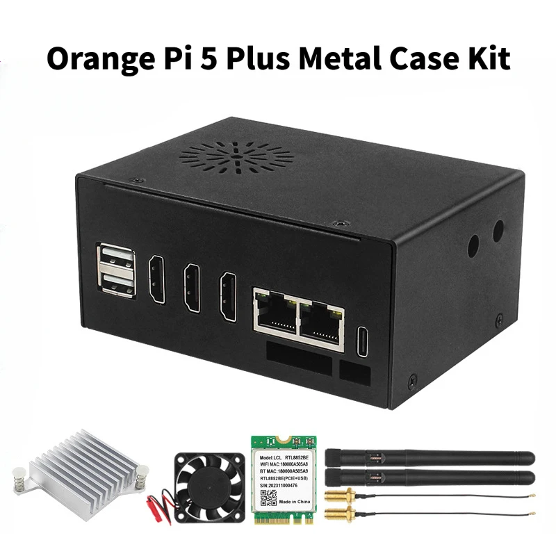Orange Pi 5 Plus Metal Case Enclosure Kit, Protective Shell with Fan, Aluminum Radiator, Wireless Module & Antenna