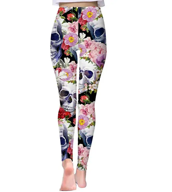 Woman Wide Belt Legging Pink Floral Skull Head Printed Casual Legging S-XL