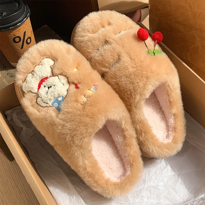 Cartoon Puppy Embroidery Cotton Slippers for Women Comfy Platform Fluffy Furry Home Slides Woman Non Slip Soft Sole Plush Slides