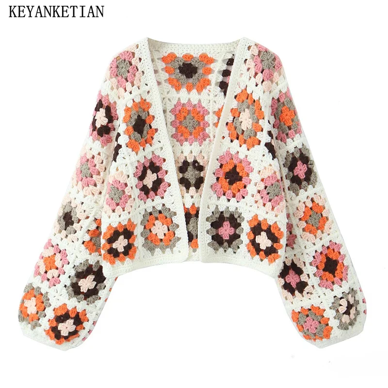 

KEYANKETIAN Spring New Launch Women's Hand-Woven Hollowed-out Knit Cardigan Holiday wind Sweet Crochet Cropped Sweater Crop Top