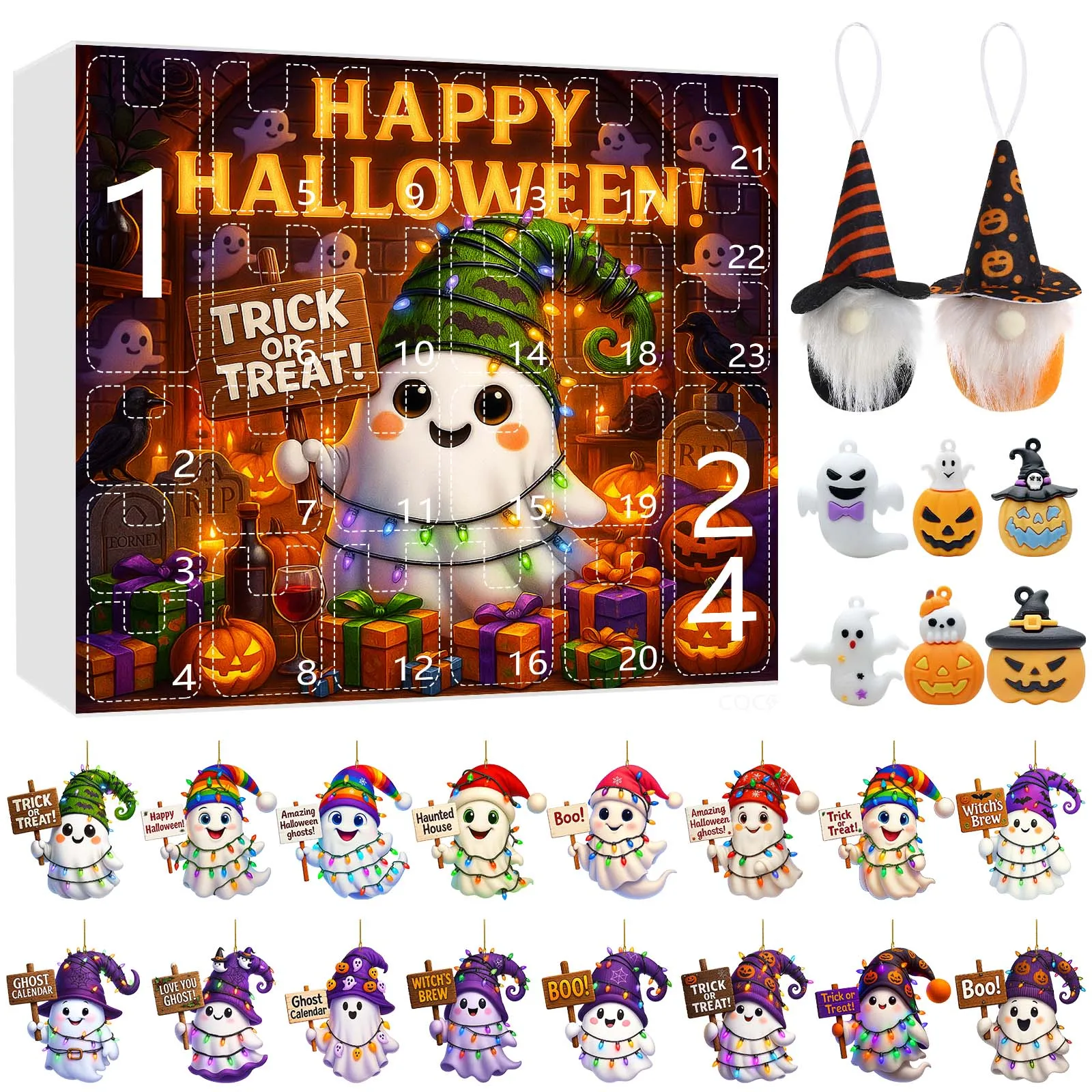 ชุดตัวจับเวลาภาพสำหรับเด็ก ชุดปฏิทินนับถอยหลังวันฮาโลวีน 24 วัน ของเล่น 2 มิติ รูปทรงกาแฟขนาดเล็ก พร้อมตัวจับเวลา