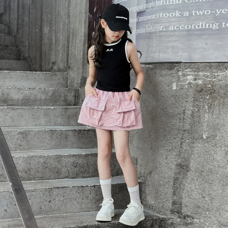 Girls Skirt Children 2024 New Spring and Summer Gray and Pink Dress Simple Casual Skirt European Fashion Style Children Dress