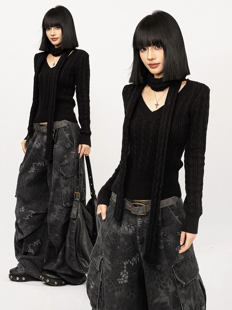 

OCTTFLAB Bla V-Ne Hanging Ne Sa Knitted Sweater Women's Slimming Design Hot Girl Base irt Long Sve Winter Faion