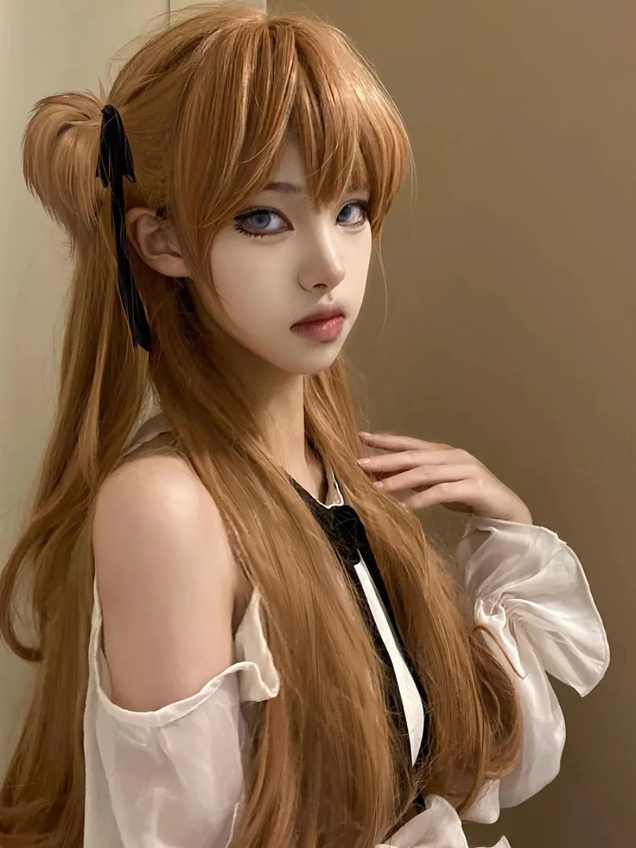 에반게리온 아스카 랑그리 코스프레 가발, 오렌지 롱 스트레이트 트윈 테일즈 애니메이션 풀 헤드 가발