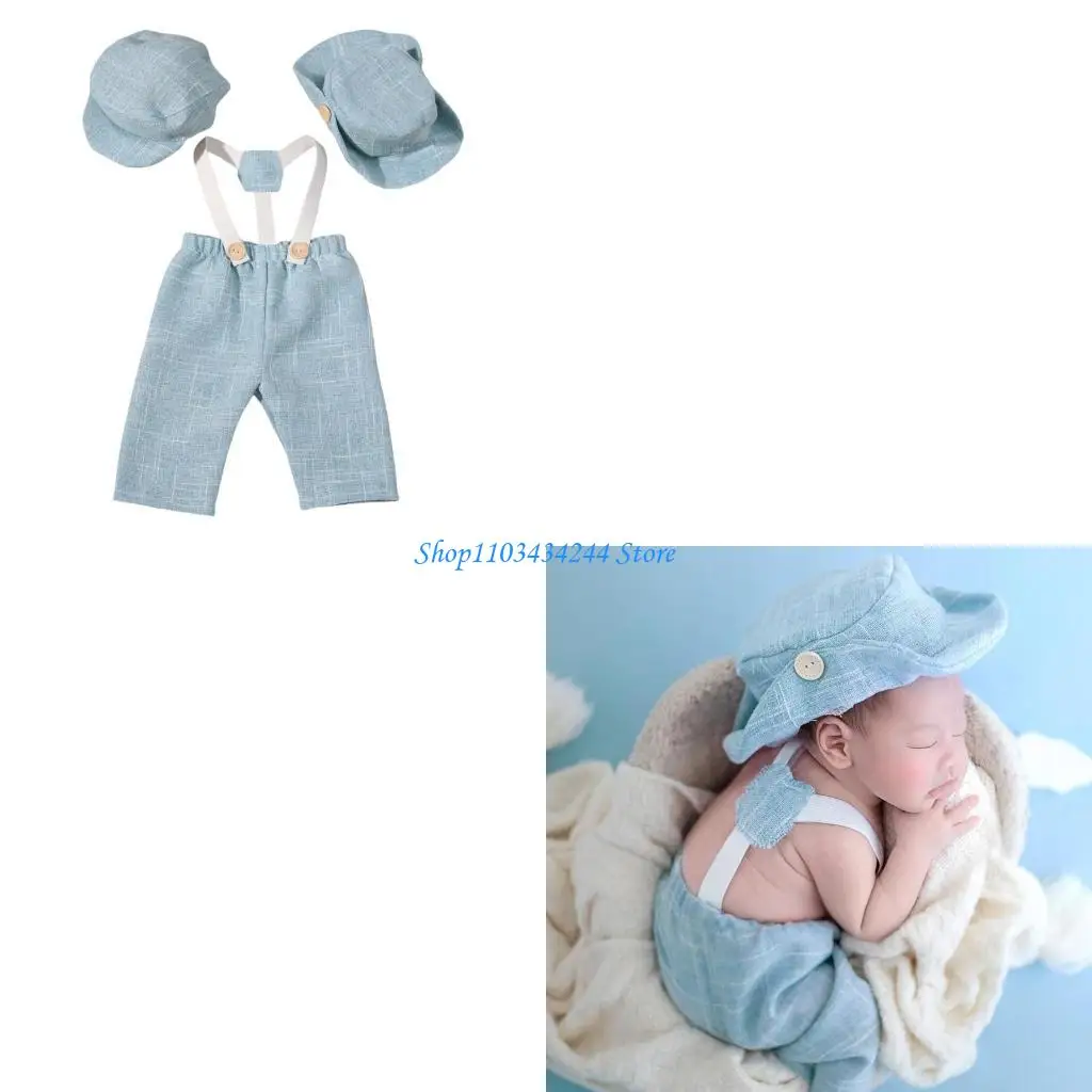 

Dapper Newborn Boy Photography Attires with Suspenders & Hat Newborn Photography Props Boy Romper for A Gentleman Debut