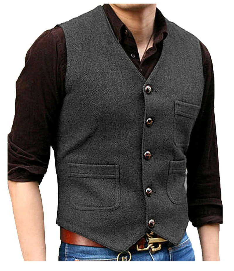 Men's Suit Formal V Neck Wool Herringbone Tweed Casual Waistcoat Formal Business Vest Groomman For Wedding Green/Black/Brown
