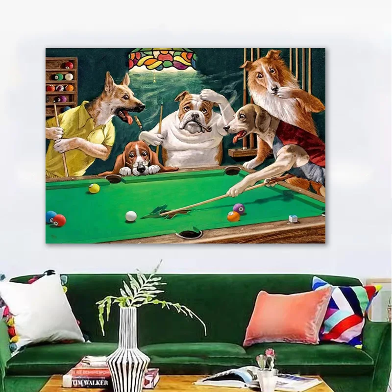 Abstract Funny Animal Dog Playing Poker Billiard Retro Canvas Painting Wall Art Pictures Posters Prints Living Room Home Decor