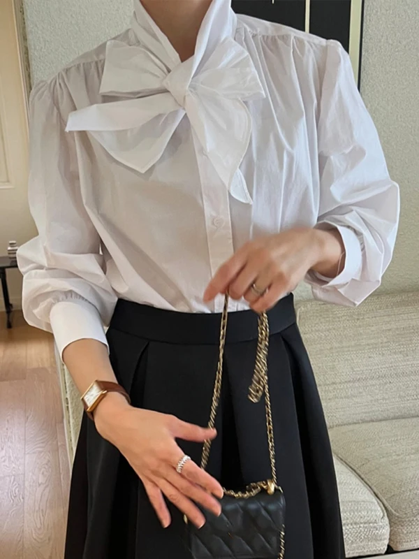 

Ele French Sle Women's irt Knot Tie Bubble Sve Design Loose Fit Long Sve irt Sli Autumn Top