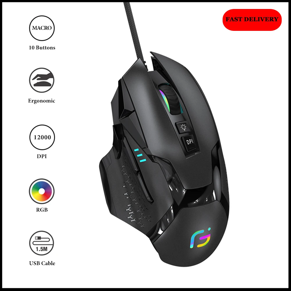 Rechargeable Computer Gaming Mouse Bluetooth Ergonomic 10 Programmable Buttons RGB Wired Durable 12000DPI for Macbook Laptop