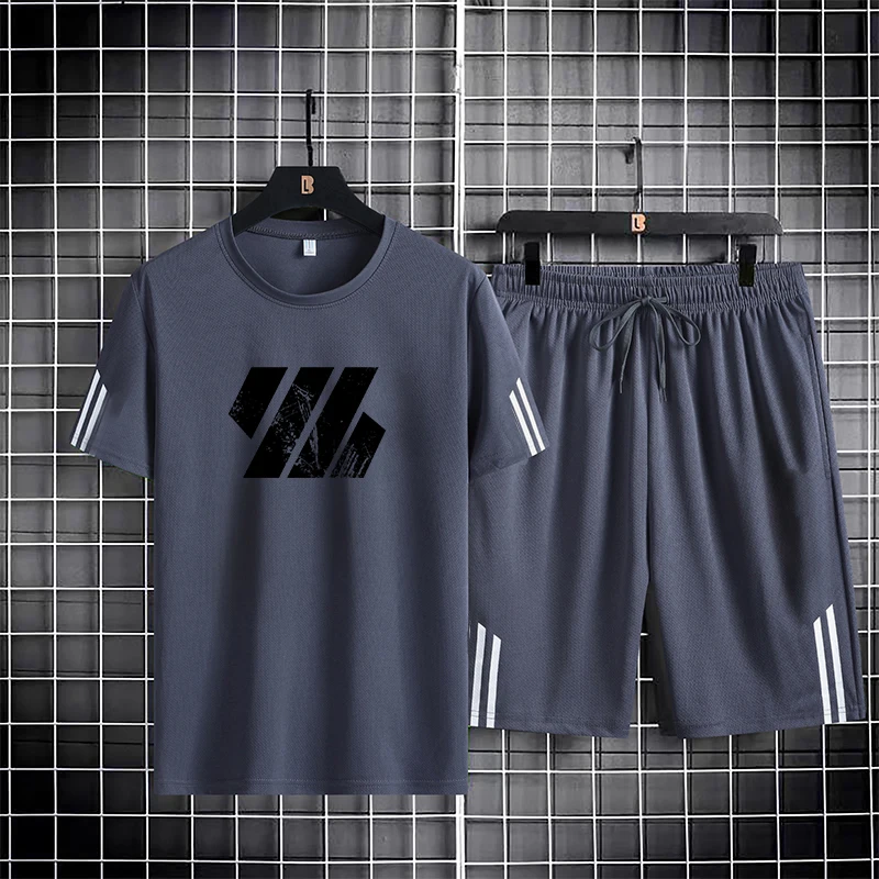 【 M-5XL 】 Men's and women's short sleeved sports set, summer thin breathable mesh quick drying outdoor running two-piece set