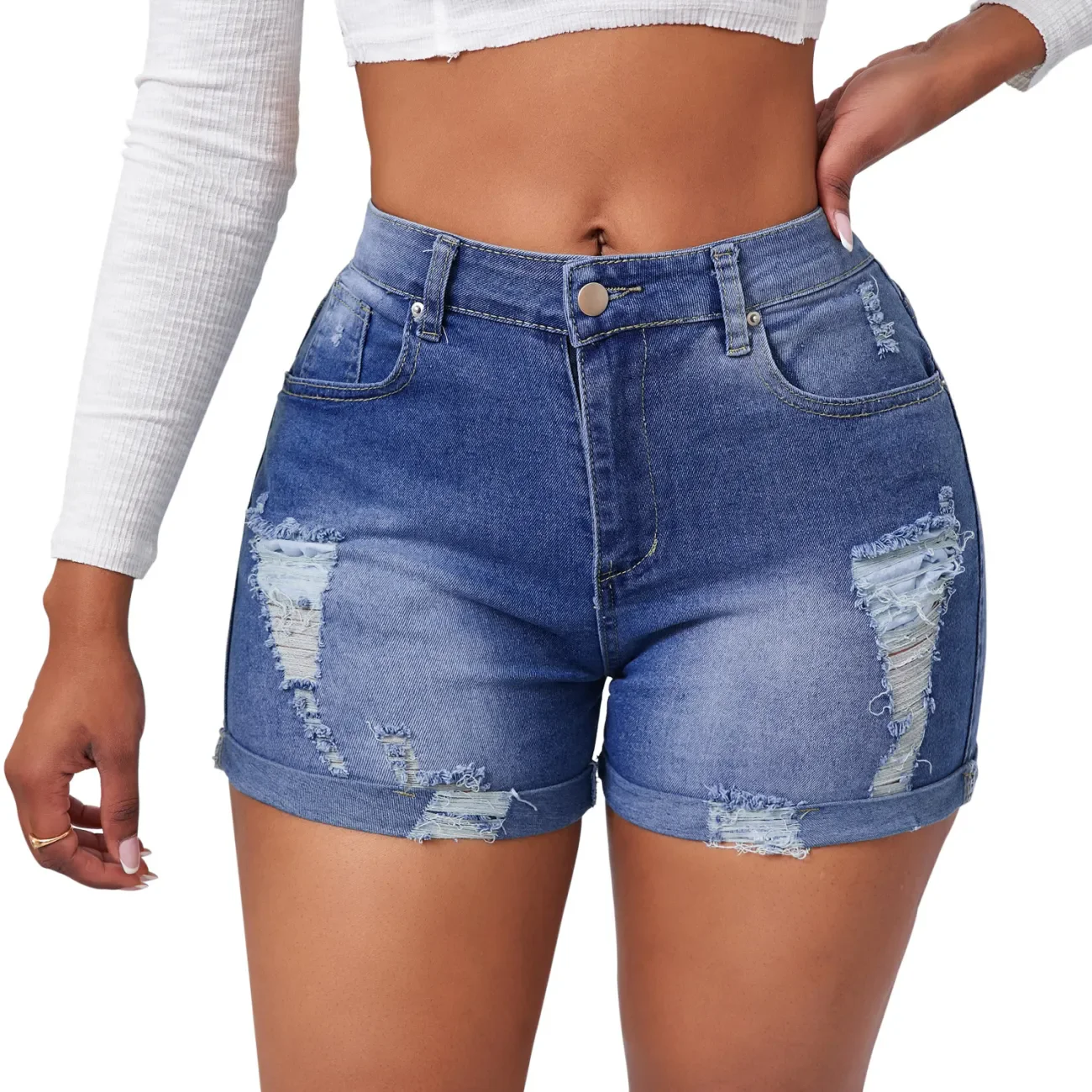 Women's Split Denim Shorts Summer Beach Wild Fashion Sexy Mid Waist Curled Cuff Perforated Elastic Slim Fit Casual Shorts