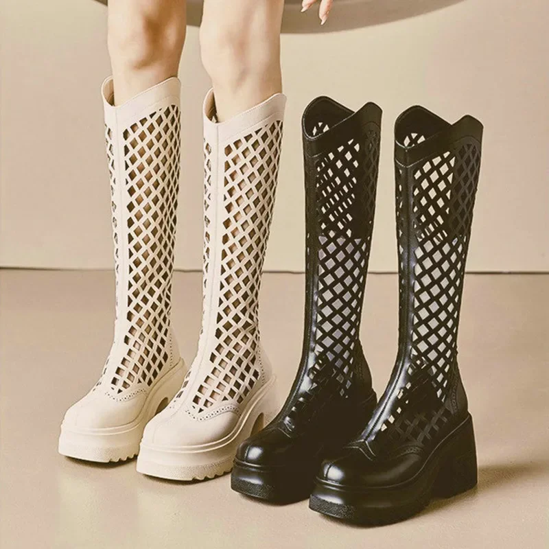 Hollow Out Cool Boots Women's Summer 10cm Long Tube High Heels White Cowhide Leather Heightening Slimming High Mesh Boots