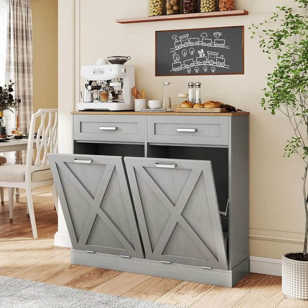 

Шкаф для мусорного бака с двойным наклоном, 2 x 10 галлонов, скрытый шкаф для переработки мусора с выдвижными ящиками, защитный держатель для мусорного бака для домашних животных