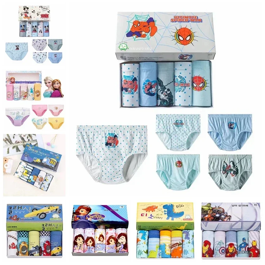 5 Pcs/Lot Children Underwear Baby Boy Panties Cartoon Mickey Spiderman Captain America Elsa Sofia Kid Girl Boxed Underpant Brief