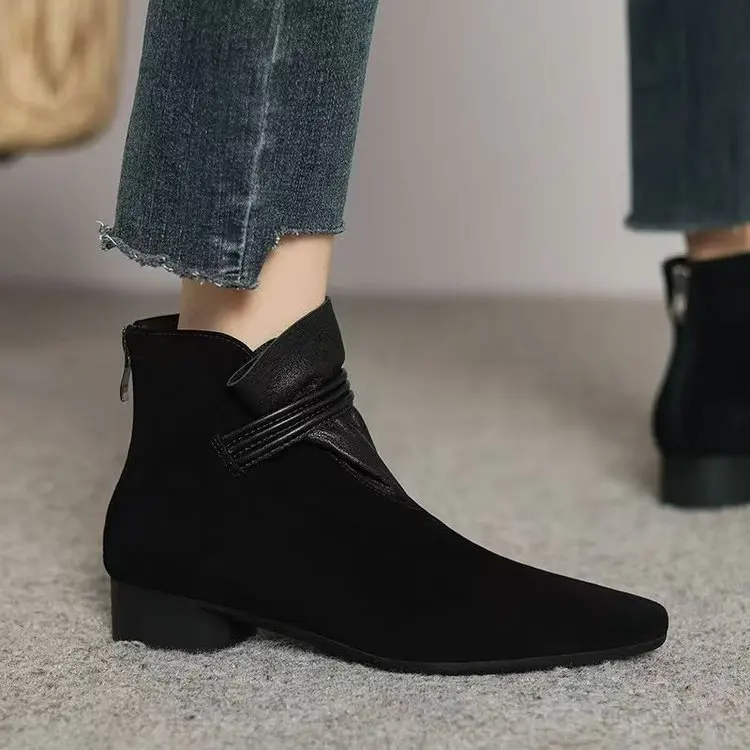 2025 Pointed Toe Ruffles Leather Ankle Boots Women Ankle Strap Low Heel Winter Botas Mujer Cozy Plush Padded Short Botines