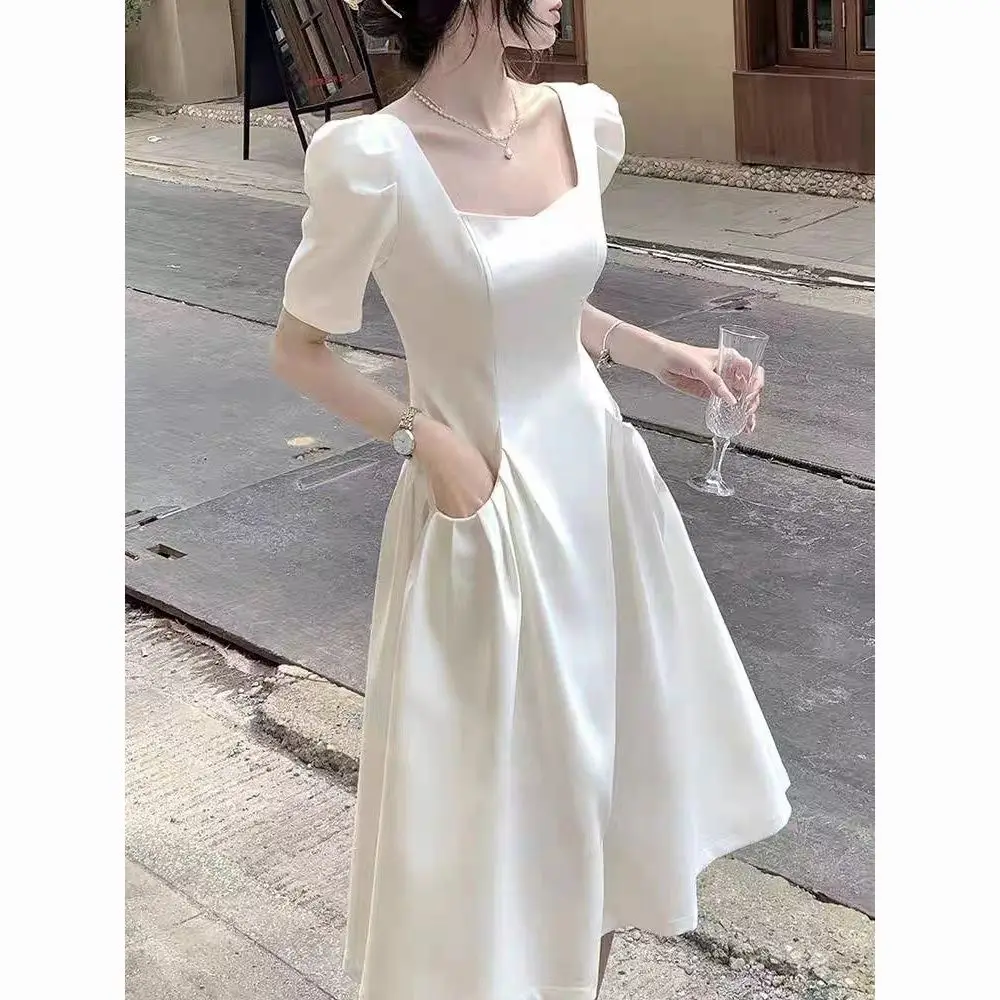 

Summer Vintage Hepburn Wind Temperament Lady A Socialite Silk Gloss Solid Color Elegance Square Neck Short Sleeved Corset Dress