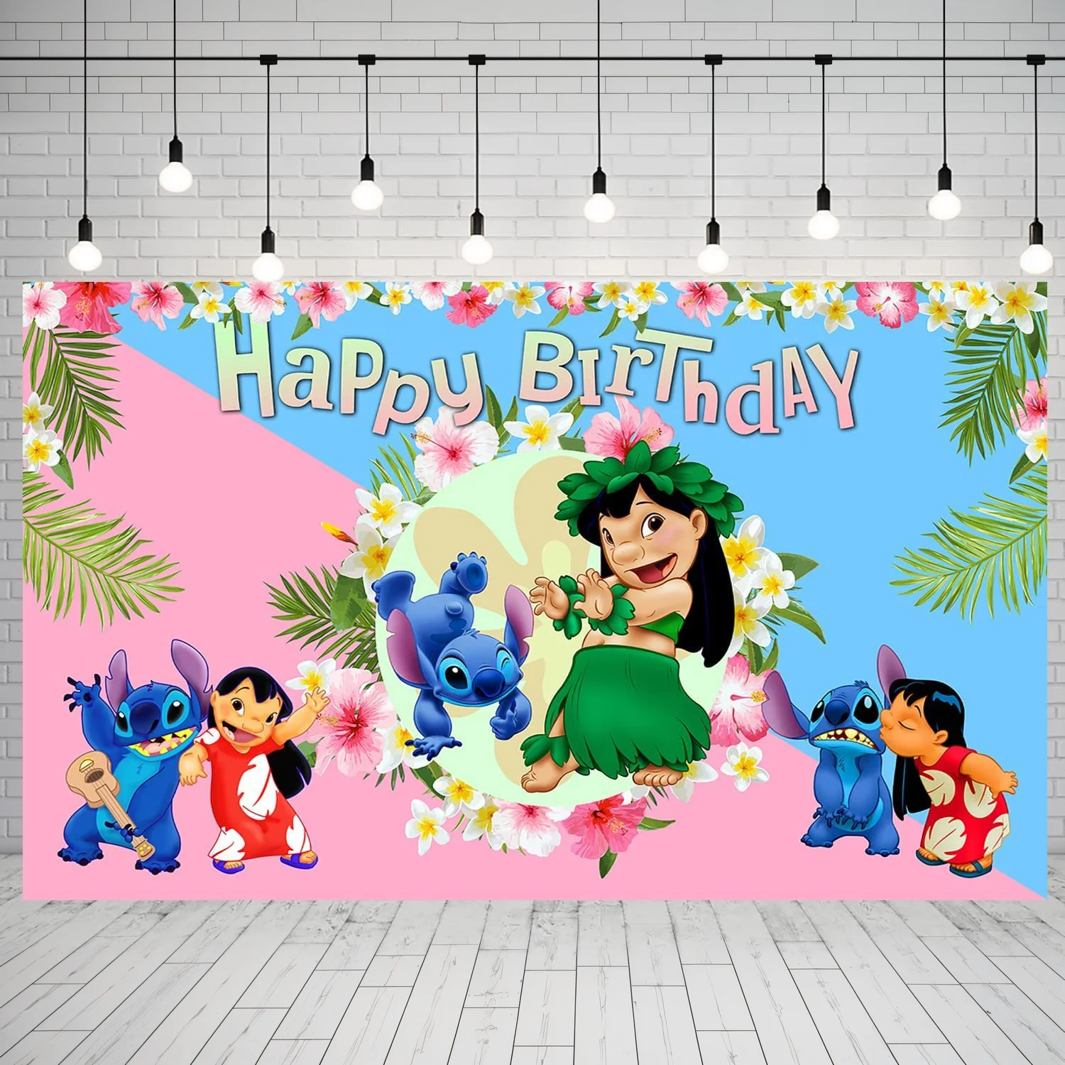 Anime Stitch Lilo Party Backdrops Children\'s Happy Birthday Background Cartoon Hanging Banner Kid Room Ornament Wall Decoration