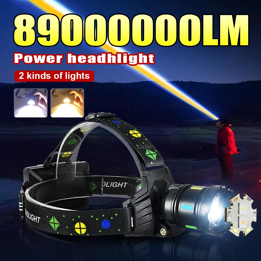 

НОВЫЙ Налобный Фонарь 89000000LM, Белый+Желтый Свет, Зум, Перезаряжаемый, Водонепроницаемый LED Фонарь для Кемпинга, Рыбалки и Отдыха на Открытом Воздухе