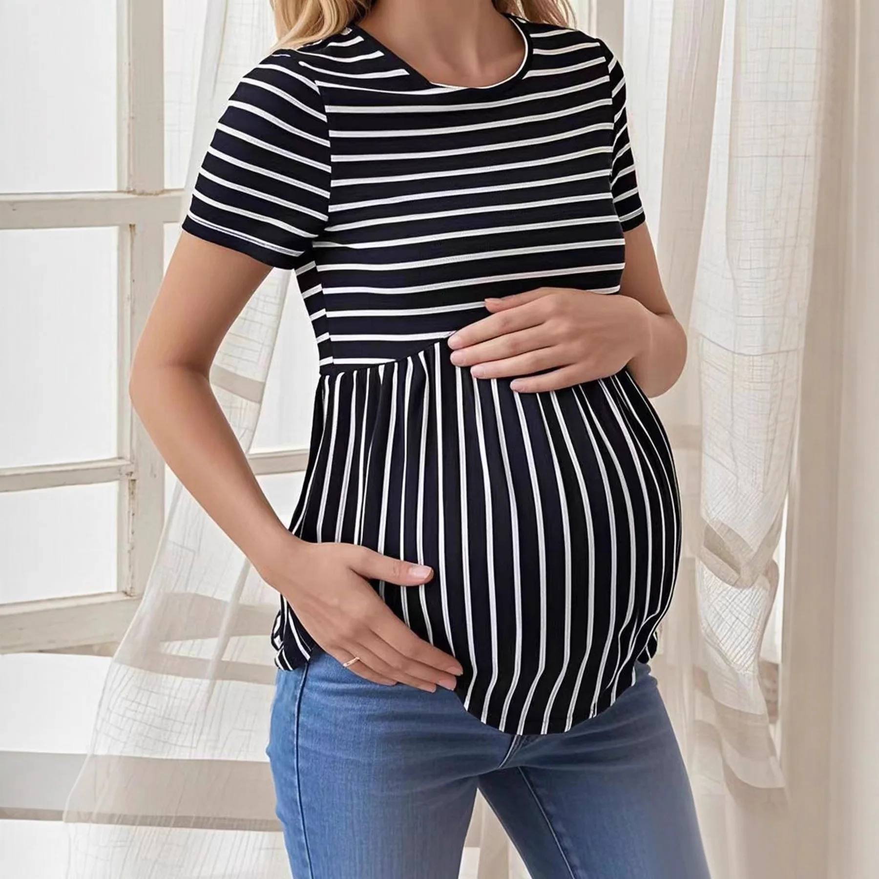 

Pregnant Women Striped T-shirt Tunic Tops Maternity Short Sleeve Round Neck Loose T Shirts Summer Casual Pregnancy Clothing