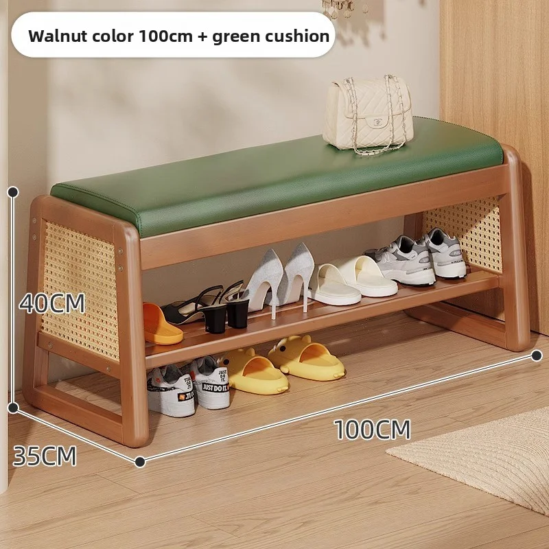 

Solid wood shoe changing stool, leather cushion, sitting stool at the entrance of the living room, storage rack,shoe rack, bench