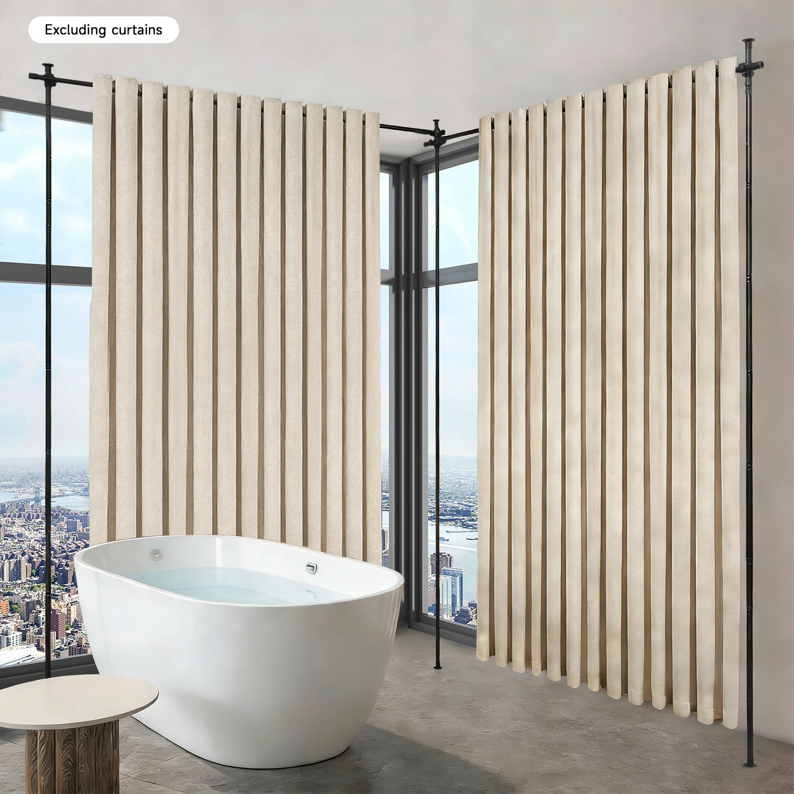 48-120 Zoll ausziehbarer Vorhangtrennständer, vertikaler Vorhangständer, 30-70 Zoll Stange, Kohlenstoffstahl, ohne Bohren, rutschfeste PP-Pads, für Balkon, Terrasse, Toilette, Raumtrennung,