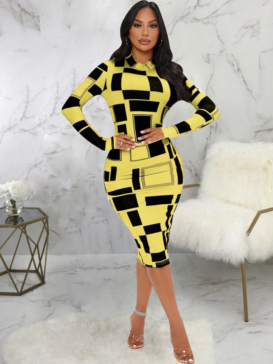 LW SXY Geometric Print Patchwork Bodycon Dress Summer Mock Neck Body-shaping Long Sleeve Stretchy Mid Calf Dresses for Women