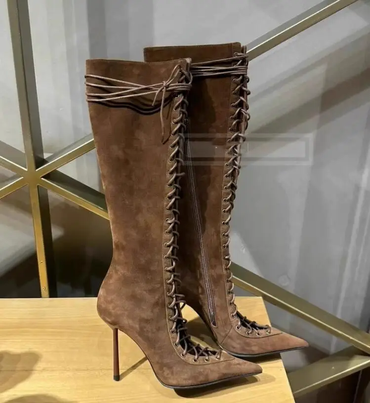 

Замшевые сапоги, длинные сапоги на тонком высоком каблуке с перекрестной завязкой, модные сапоги до колена на шнуровке, женская обувь с острым носком