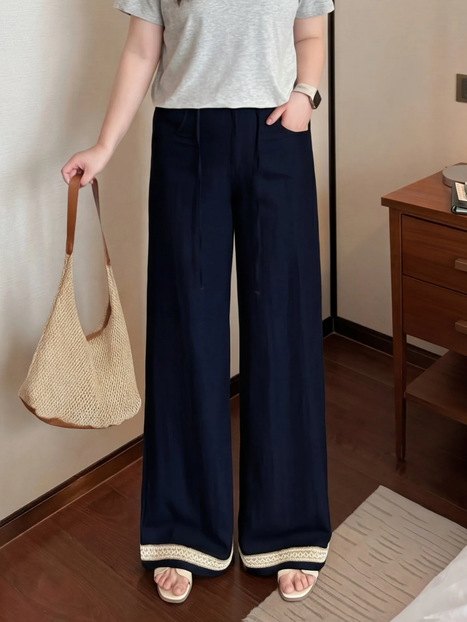 

Fashionable High Waist Wide Leg Pants Elastic Waist Casual Spring Women's plus Size Fashionable Commute Style Casual Pants