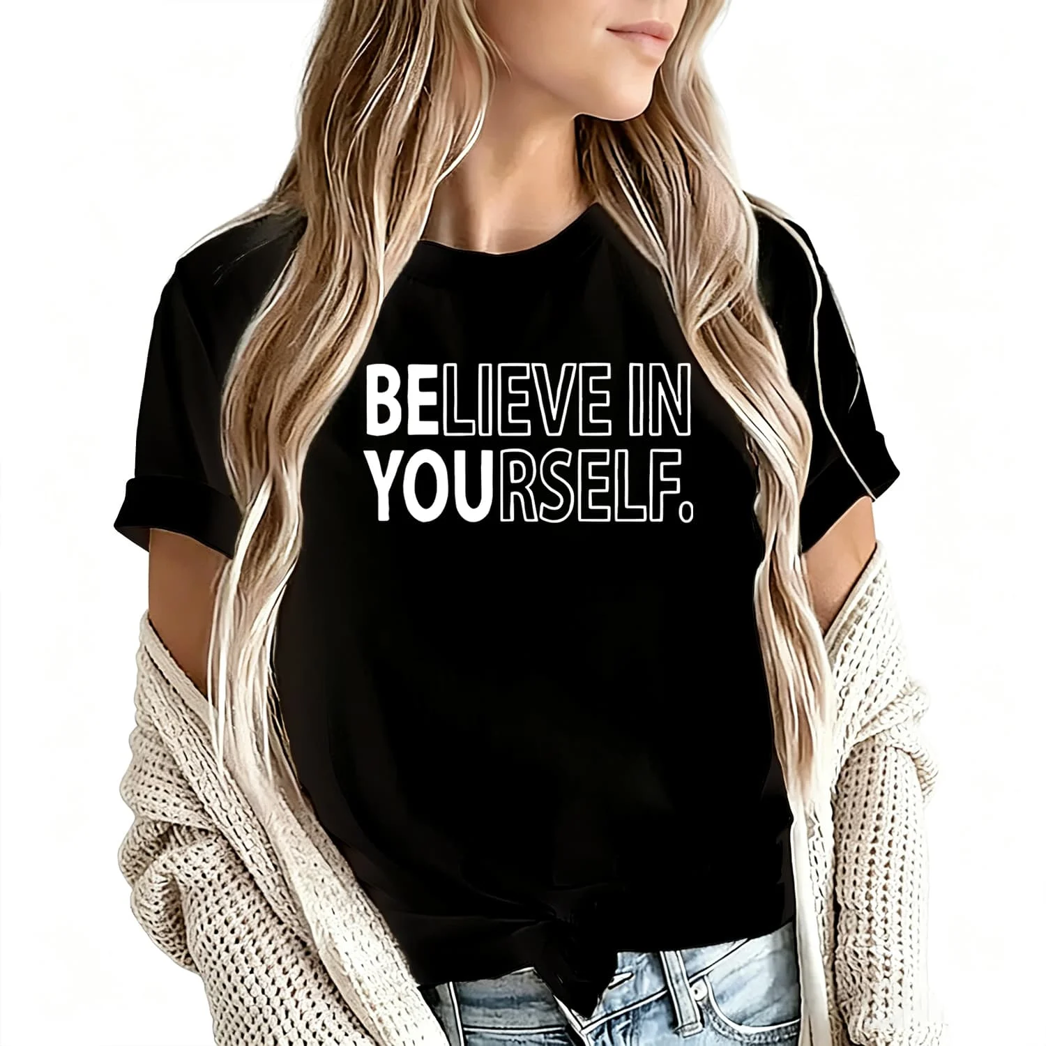 Believe in Yourself Women's T-Shirt 100% Cotton Funny Graphic Short Sleeve Tee Novelty Shirt Casual Crew Neck Top S-5Xl