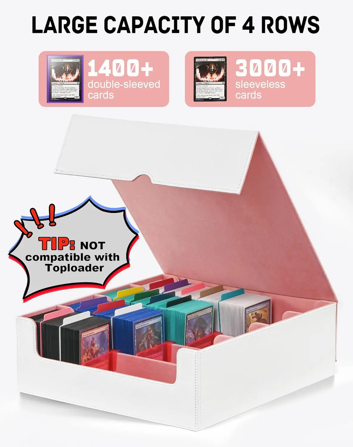 Caixa de armazenamento de cartão TINTEK 3000+ para MTG, Yugioh e mais – Estojo de baralho de grande capacidade de 4 fileiras com 24 divisórias coloridas e 4 ca