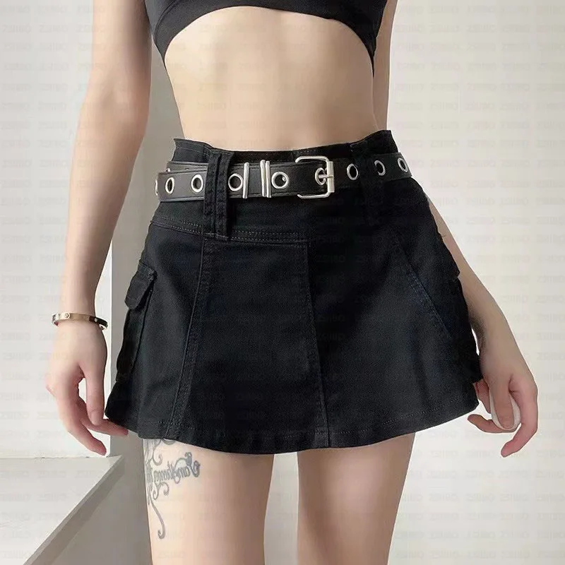 Y2K Solid Color Sexy Charm Pocket Skirt Emo Ruffled Hip Denim Skirt Street Punk Rock College Spice Girl Sweetheart Joker Skirts
