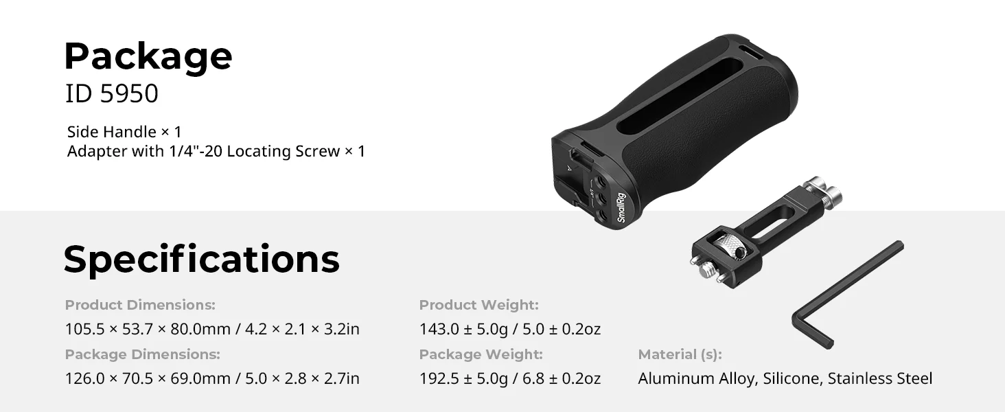 SmallRig Seitengriff mit 1/4''-20 Positionierungsschraube, links und rechts umschaltbar, vertikal verstellbar auf 43 mm für Sony für Canon5950 – Detail 8