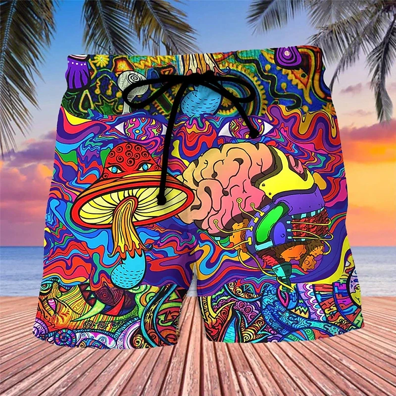 Calça curta masculina com gráfico cogumelo abstrato, shorts de praia para férias no Havaí, baús hip hop, bermudas coloridas, boardshorts, roupas