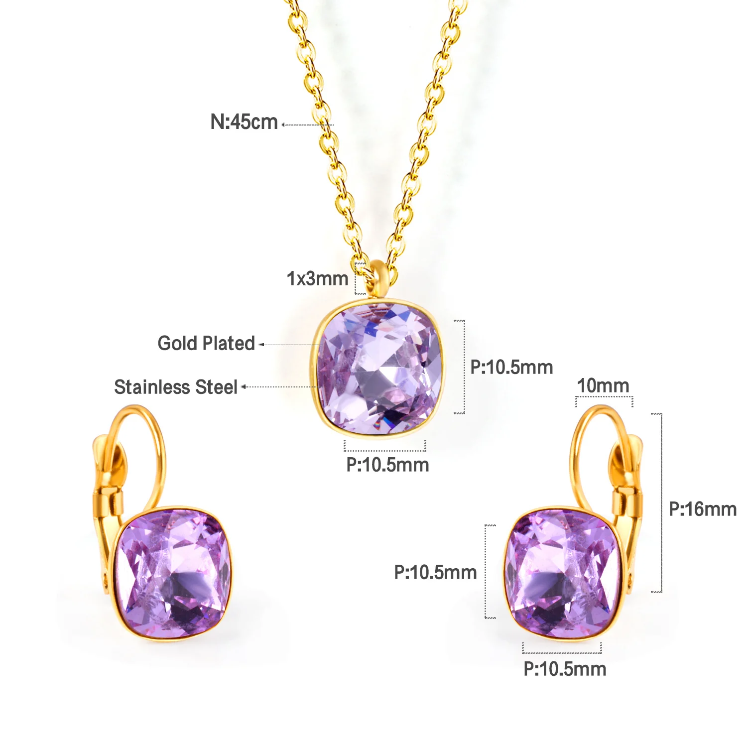 Square Multiple Color Crystal Pendant Necklace & Earrings Set