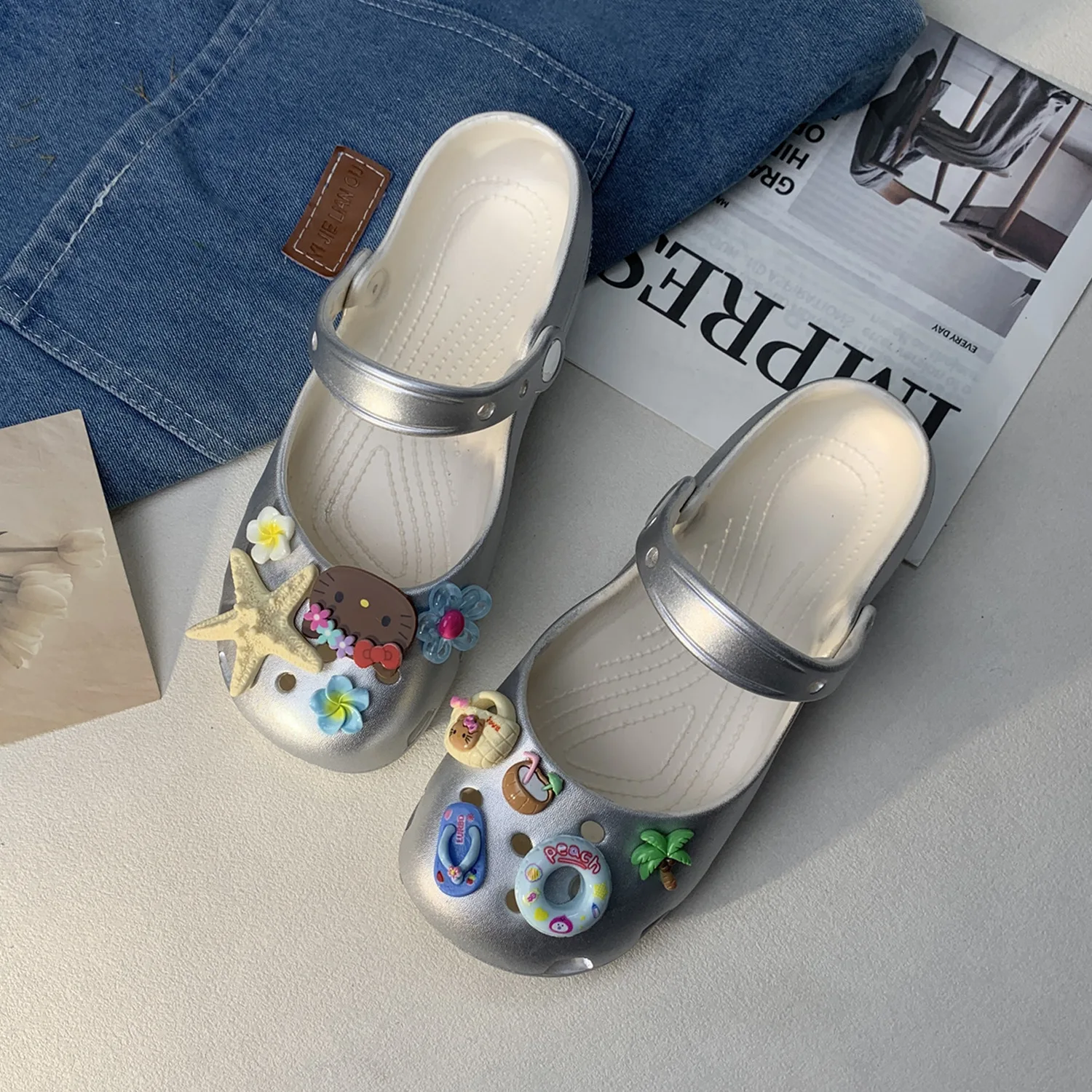 Cute Cartoon Hello Kitty Beach Charm Mary Jane Clogs Starfish Decor Soft Eva Summer Slippers Ideal Vacation Gift for Teen Girls view 4