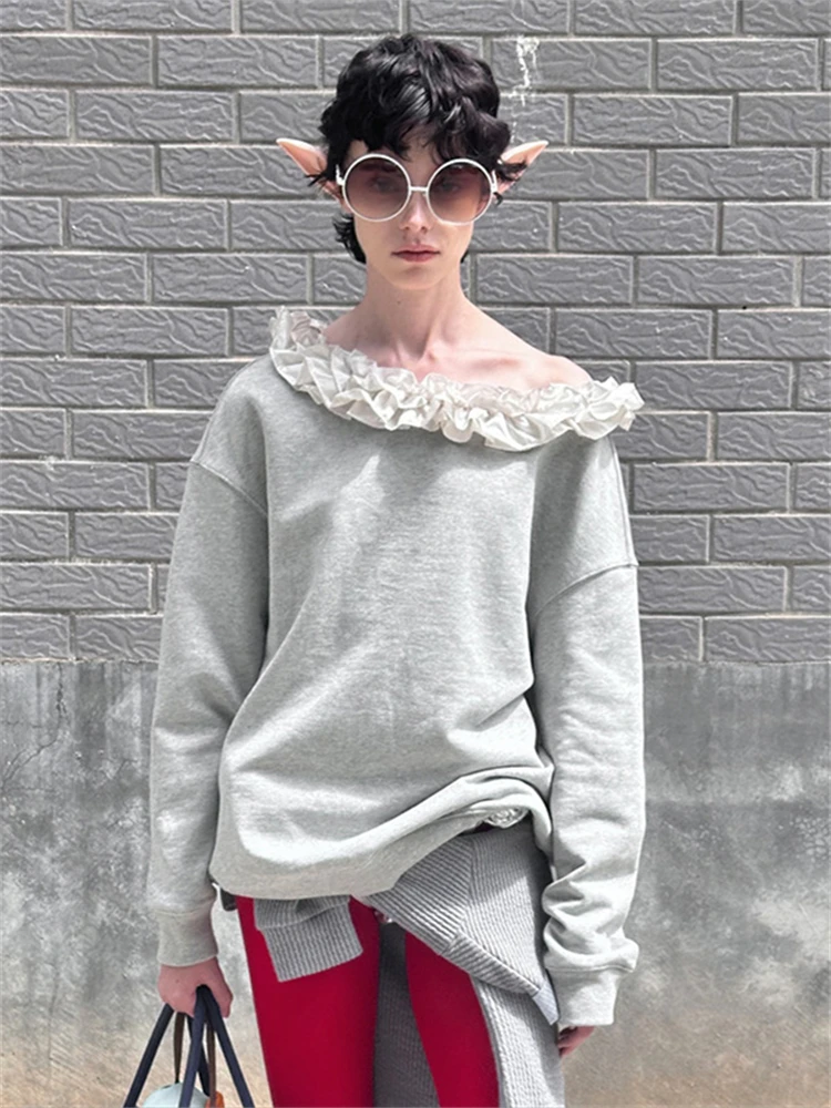 

Absobe Off Shoulder Loose Sweatshirt Women Agaric Laces Contrasted Color Casual Long Sleeved Hoodie Pullovers Fashion Streetwear