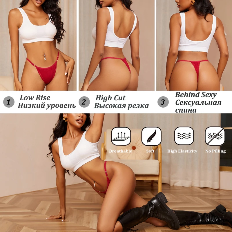 8Pcs/Set Cotton Lace Thongs For Women Sexy Seamless Solid Color Adjustable Strape G-strings Female Low Waist Breathable Lingerie - Image 2