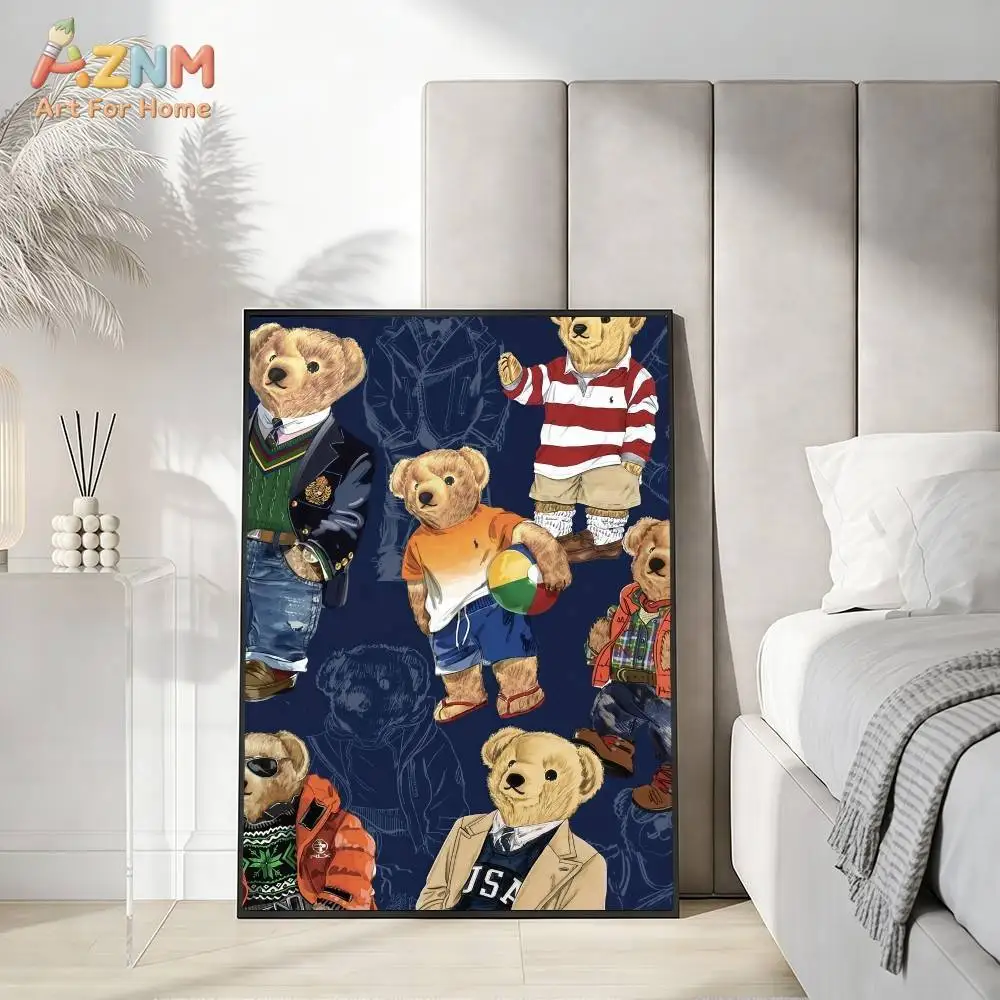 AZNM Classic Preppy Fashion Teddy Bear Canvas Print Multi Outfit Bears Navy Blue Background Unframed Canvas Wall Art Trendy Home