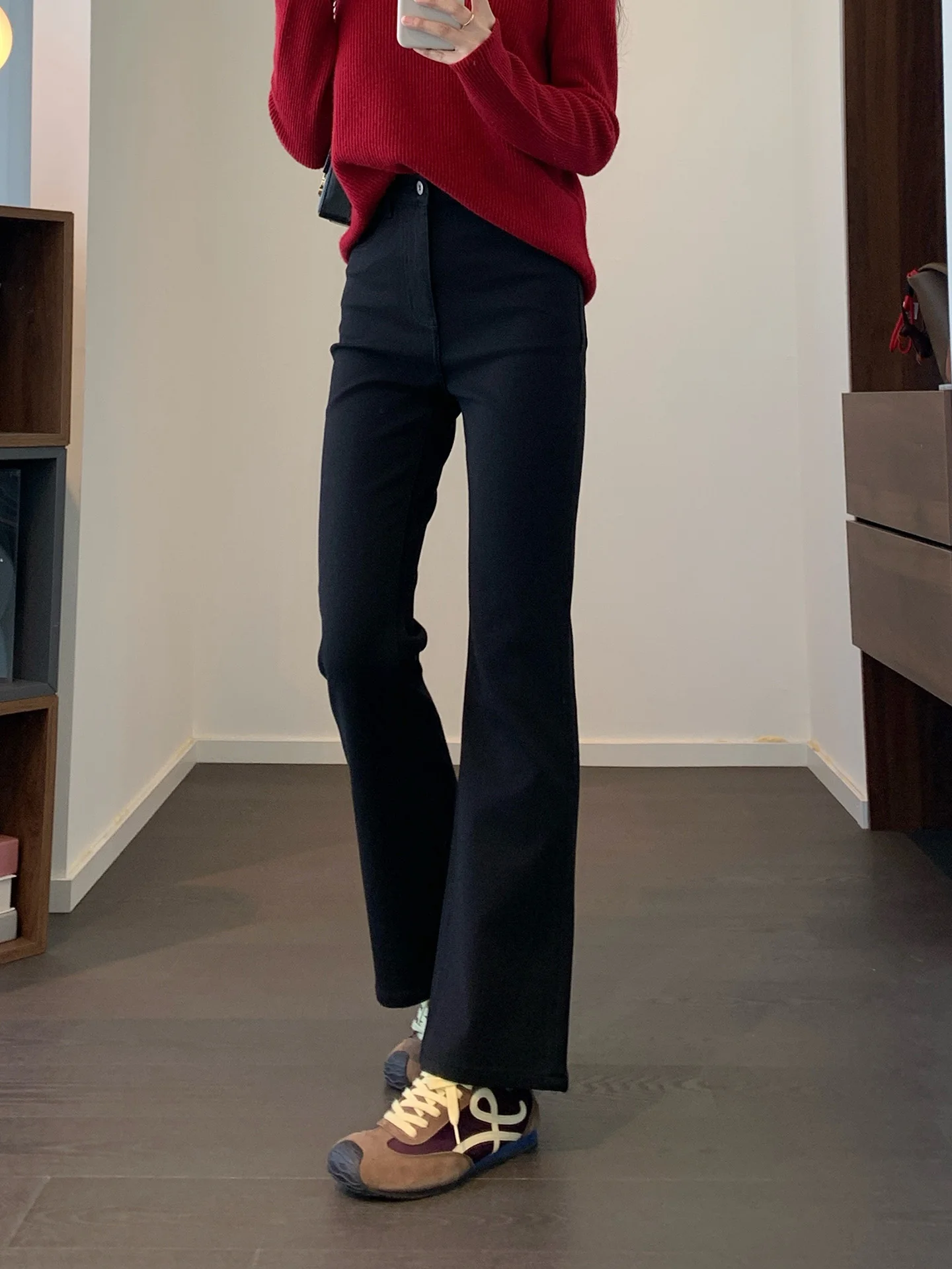 

High Waist Fce Lined Frayed Hem Denim Jeans Women's Simple Sle Warm Uni Crisprit Bootcut Jeans Four Directional Elastic