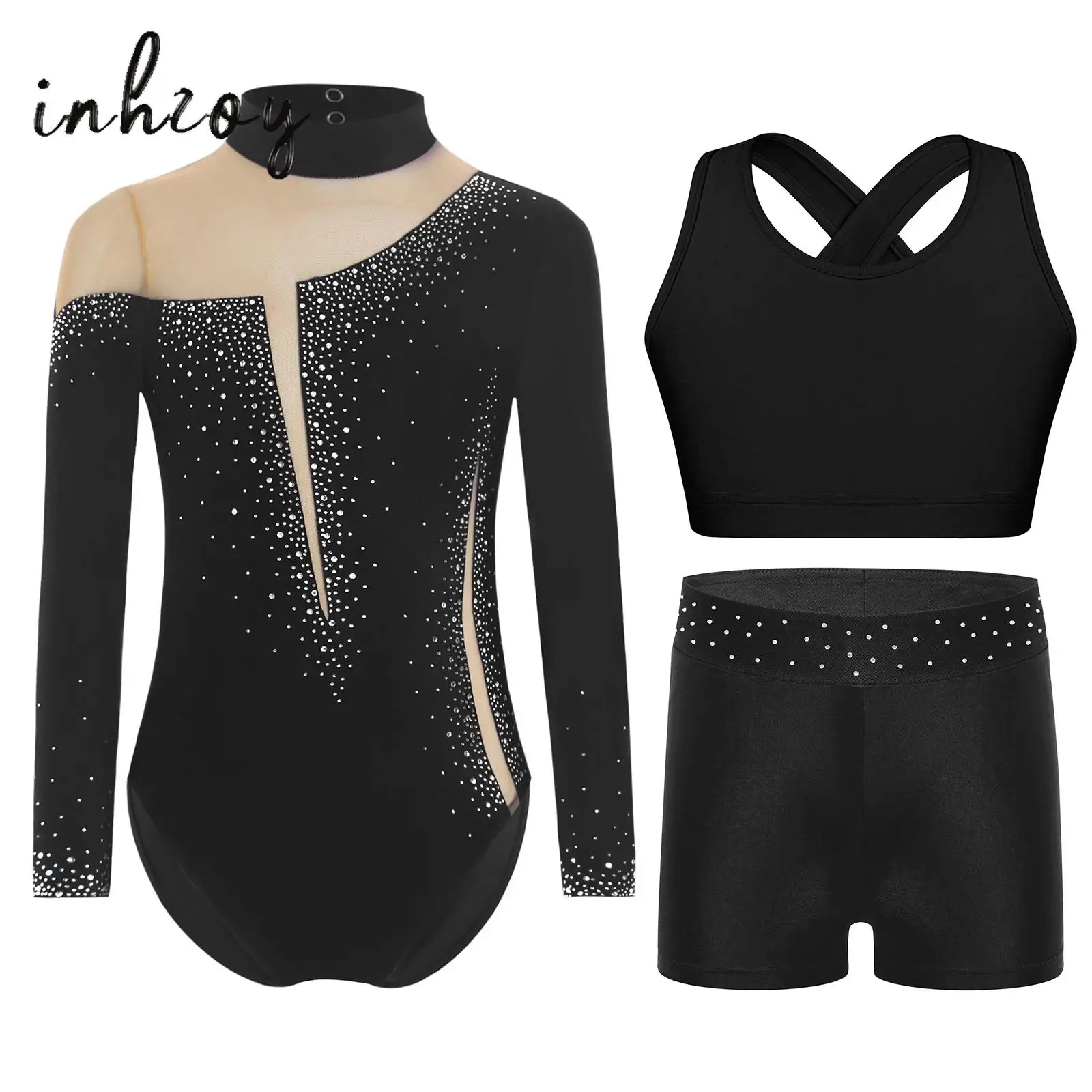3Pcs Kids Girls Figure Skating Gymnastics Dance Outfit Sparkly Rhinestone Long Sleeve Sheer Mesh Patchwork Leotard+Vest+Shorts