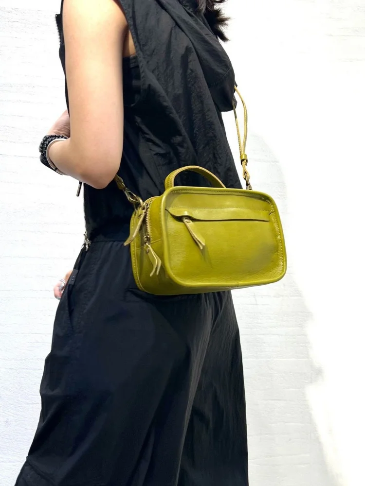 Women Retro Genuine Leather Crossbody Bag Casual Handmade Cowhide Small Square Shoulder Handbag Purse with Detachable Strap