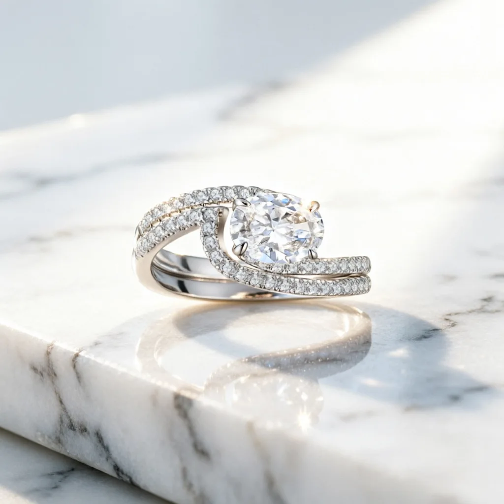 Hot selling 1.5 carat zircon combination pure silver ring set with twisted arm, 100% s925 silver ribbon ring set wedding jewelry