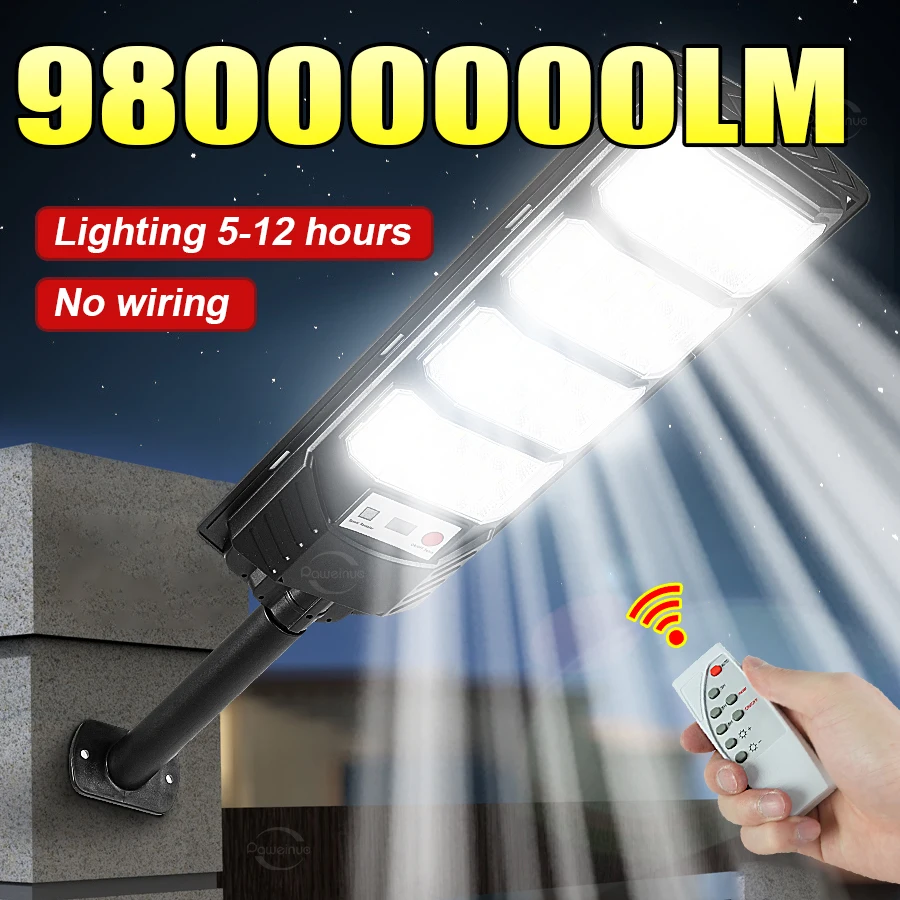 

98000000LM Солнечные светодиодные уличные лампы Супер яркий датчик движения солнечного света с дистанционным управлением Солнечные лампы Водонепроницаемые уличные заднего двора