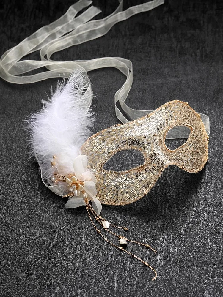 

Golden Veil Feather Half Face Party Mask