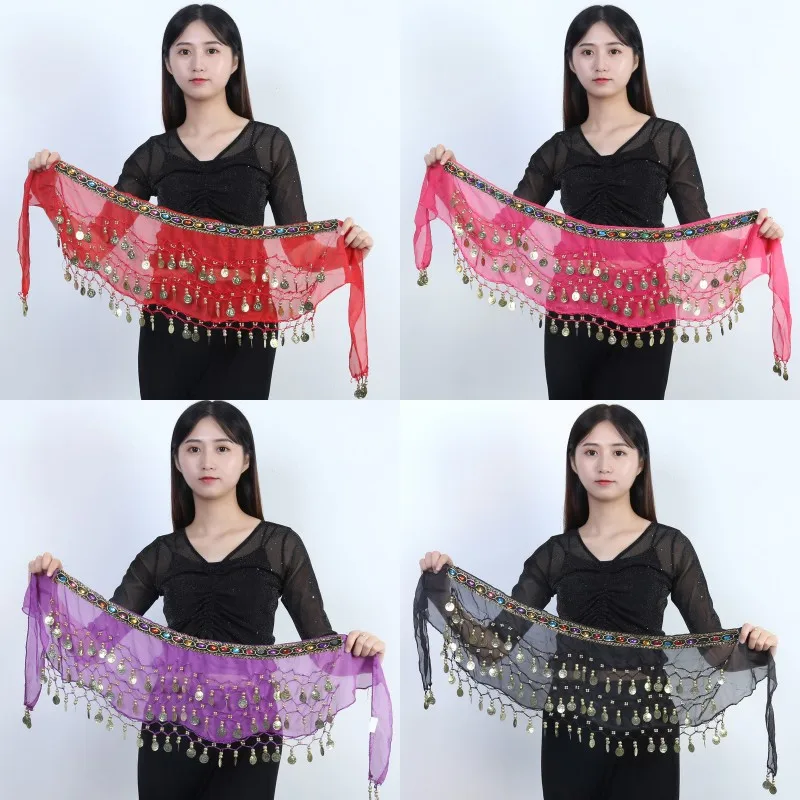 Belly Dance Sequins Chiffon Skirt Costumes Shiny Colored Diamond Tassel Waist Chain Belts India Arab Dance Wrap Show Hip Scarf