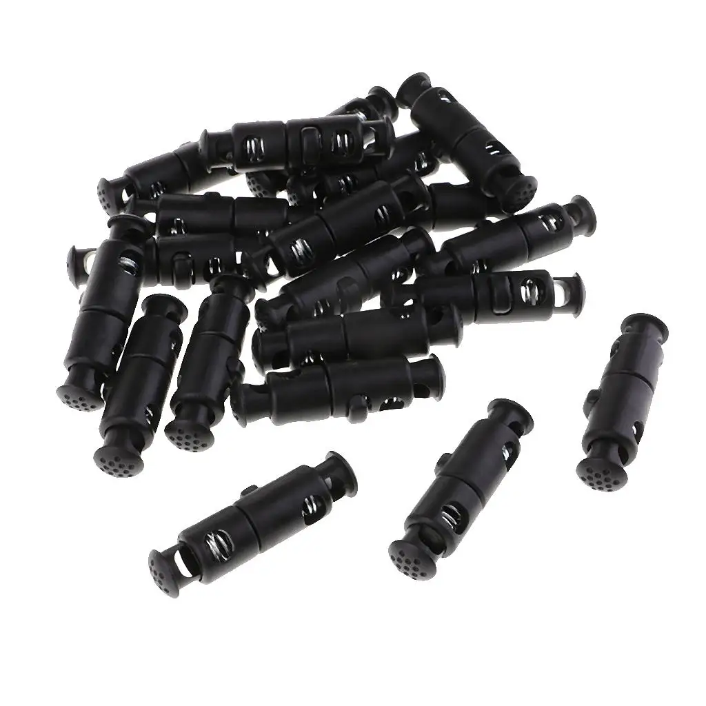 20 Pieces Black Plastic Double Head Cord Locks End Spring Stop Toggle Stoppers