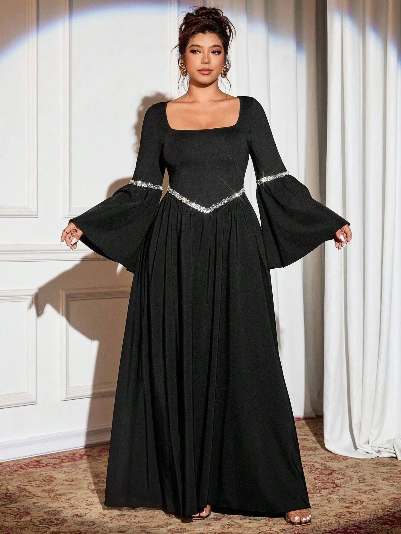 

Black Gothic Elegant Long Sleeve Maxi Dress With Rhinestone Trim Square Neck
