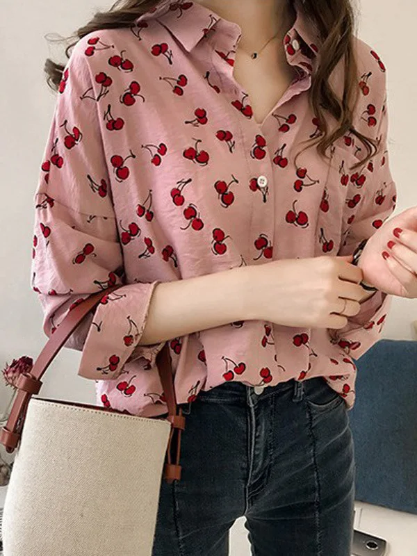 

Свободная женская рубашка с принтом вишни, весна-лето, уличный стиль, с длинным рукавом, с цветочным узором, на пуговицах, повседневная